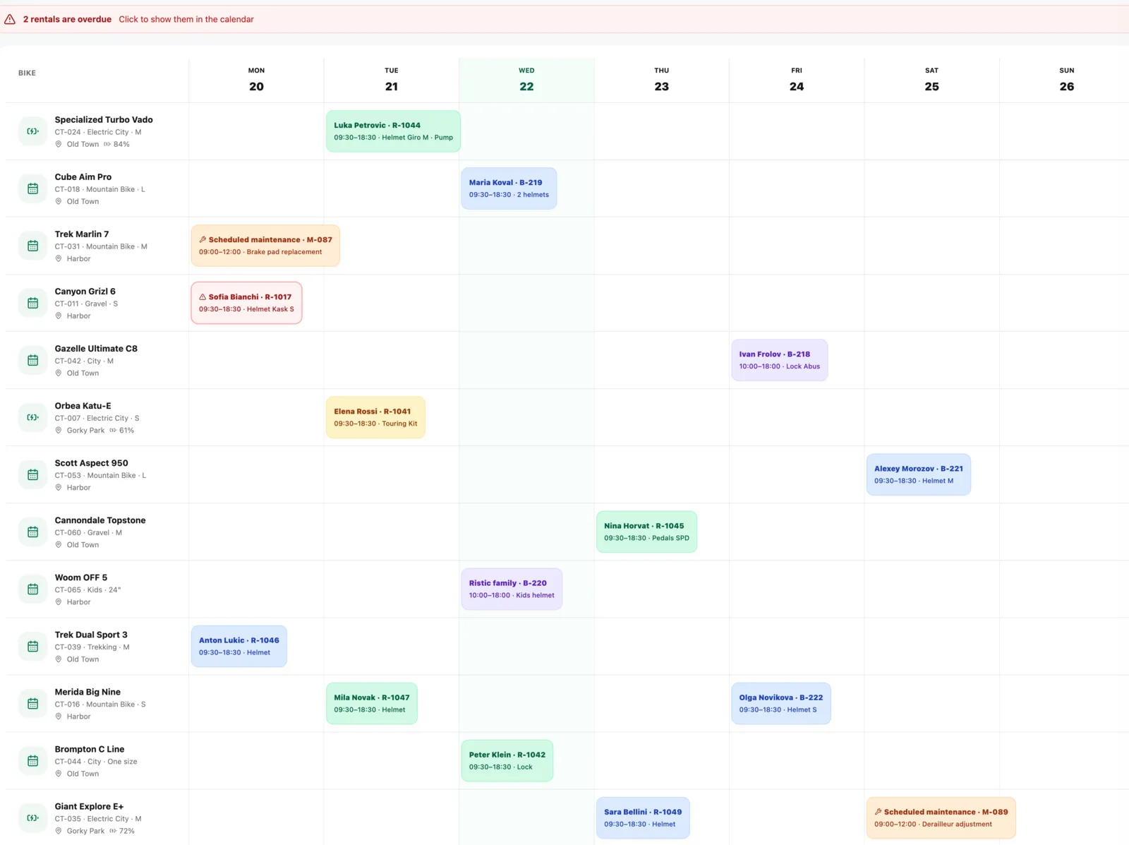 Rental calendar showing individual bikes, bookings and maintenance blocks