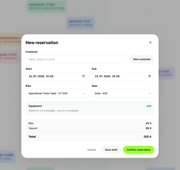 New reservation form with customer, bike, rate, equipment and deposit